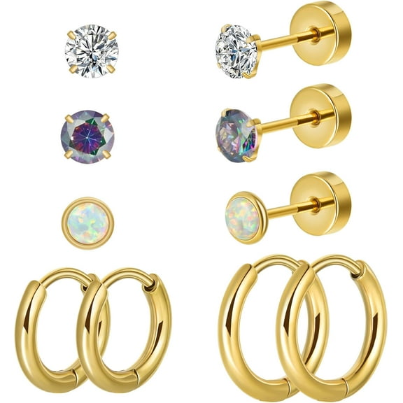 5 Pairs Titanium Earrings for Women Men 20G Flat Back Stud Huggie Hoop Earring Set AB Cubic Zircon Opal Ball Stud Earrings for Hypoallergenic Cartilage Helix Lobe Piercing