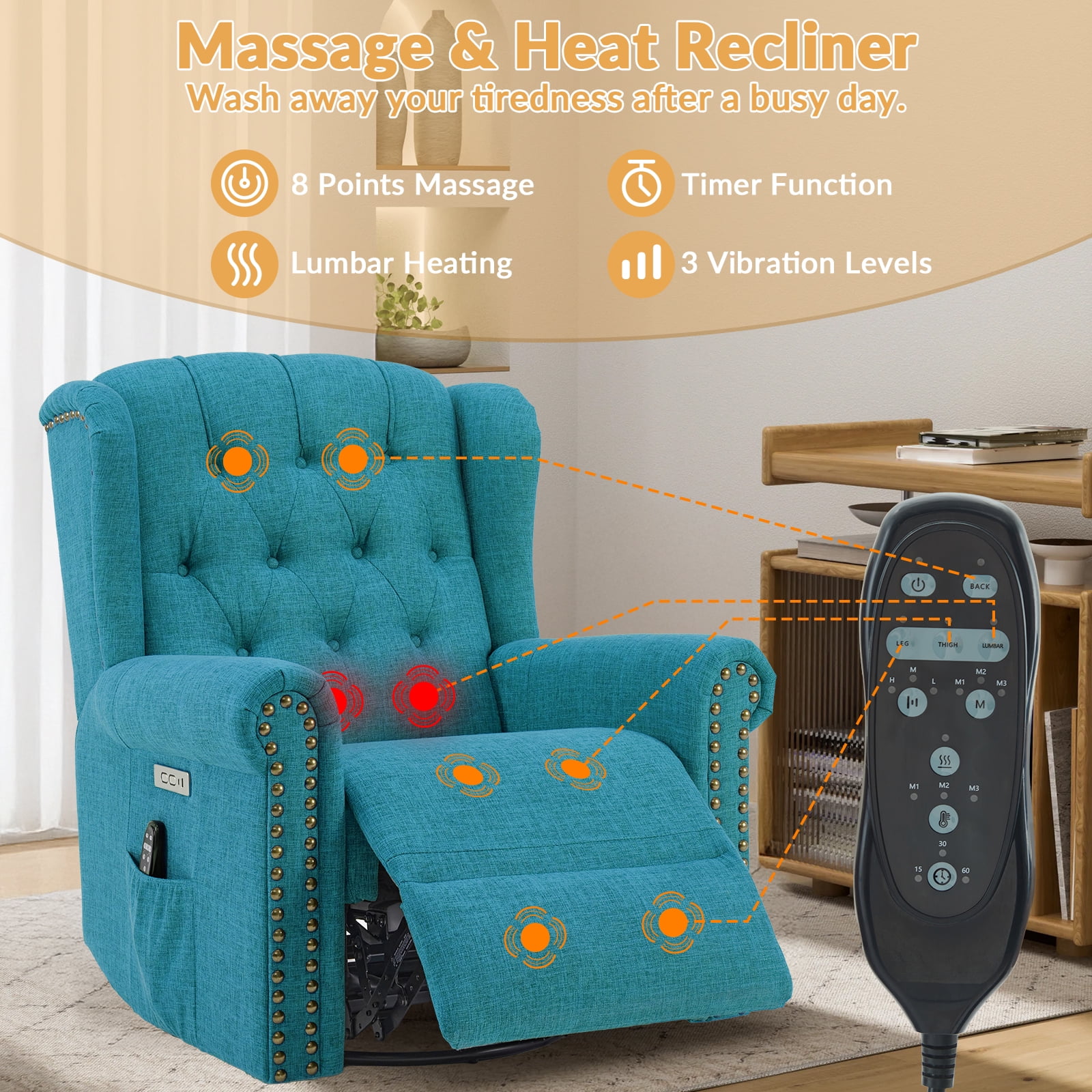 OUINCH Power Swivel Rocking Glider Recliner Chair, Electric Nursery Reclining Sofa Chair with Heat and Massage, Wingback Tufted Upholstered Recliner for Living Room, USB and Type-C Ports, Teal