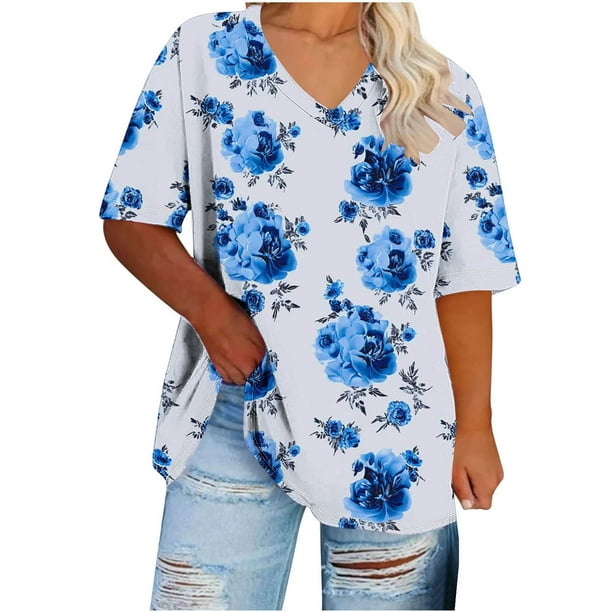 Puntoco Liquidación de blusas cortas para mujer Camisa básica estampada de manga corta con cuello en V y talla grande para mujer