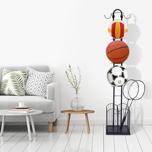 Freestanding Ball Storage Rack Black Sports Equipment Storage Rack with Hooks Garage Sports Equipment Organizer Sports Gear Toy Rack