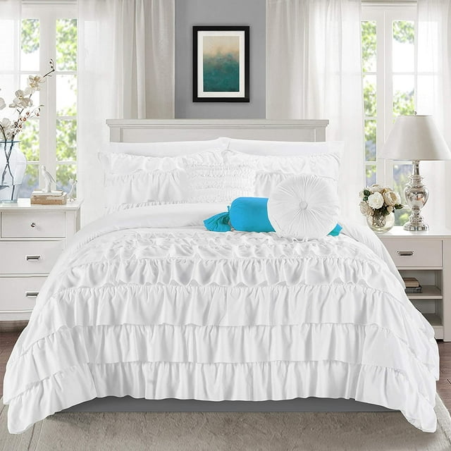 Mocassi 10-Piece Bed-in-a-Bag, Includes Bed Sheet with Double Sided Storage Pockets & Decorative Pillows, Multi-Ruffle Comforter, King, White
