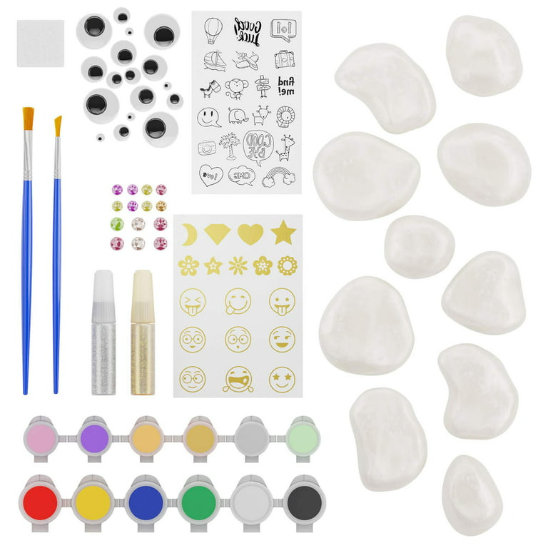 Rock Painting Kit for Kids and Adults - 46 Piece DIY Paint Stone Craft  Supplies - 10 Rocks，Acrylic Paints and Brushes - Family Students Holiday  Indoor Outdoor A…