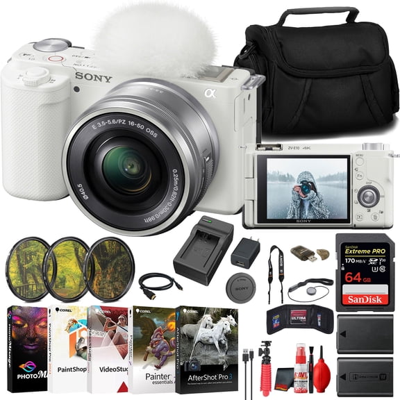 Sony ZV-E10 Mirrorless Camera w/ 16-50mm Lens (White)   Extra Battery   Software(International Model)