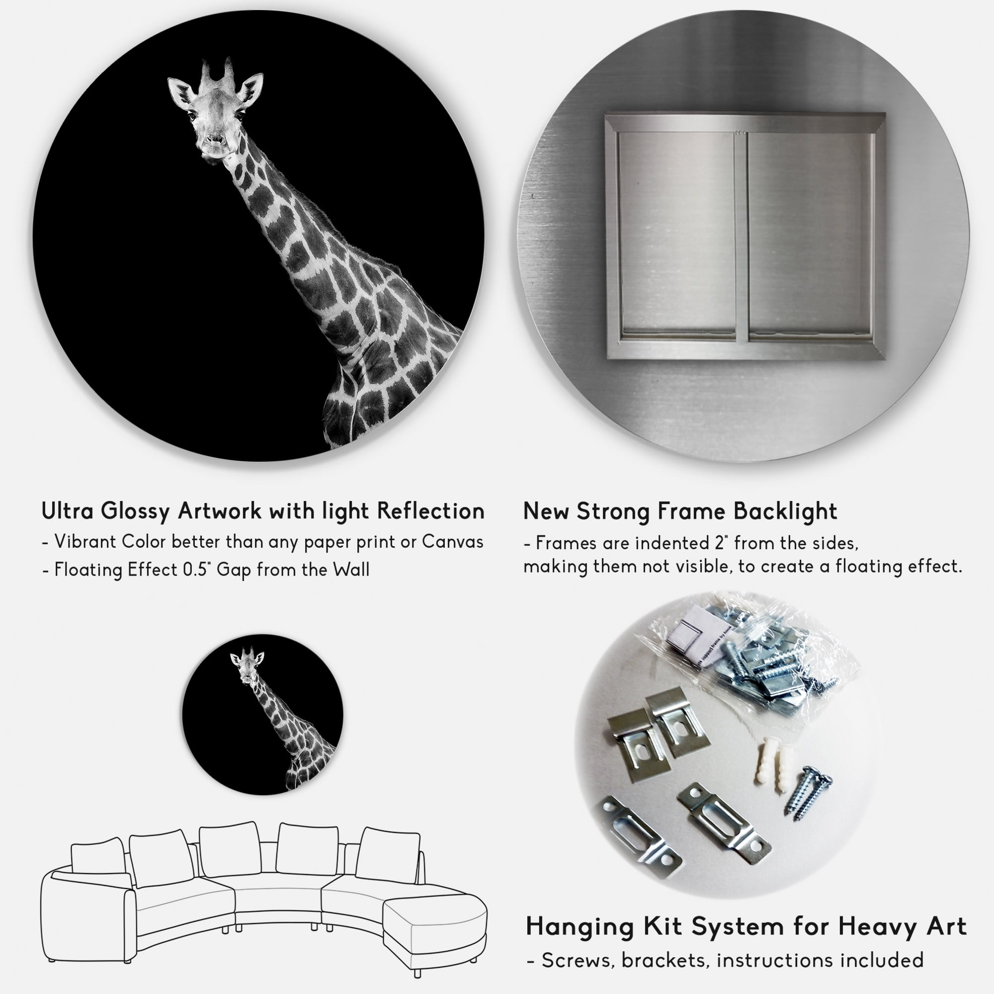 Designart 'Close Up Portrait Of A Giraffe On Black I' Farmhouse Circle Metal Wall Art 36x36 - Disc of 36