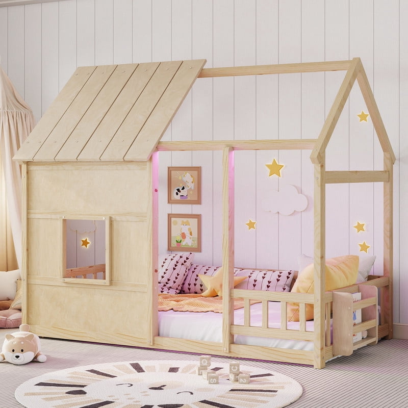 Bellemave Twin Size Montessori Bed with LED Light and Rails, House Floor Bed with Bookshelf, Wood Playhouse without Slats,Natural