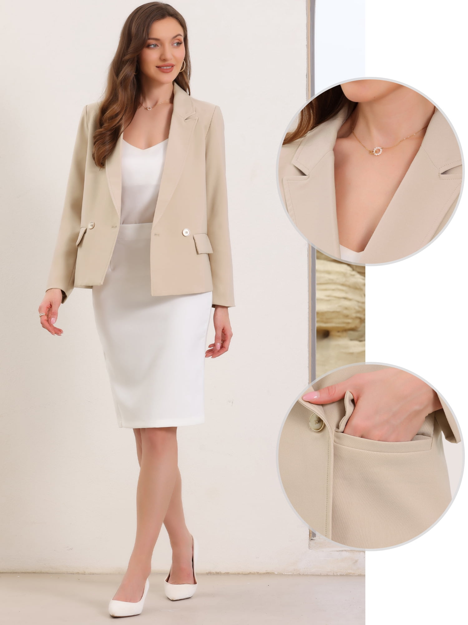 DARING DIVA Women's Double Breasted Long Sleeve Work Jacket Office Suit S Beige