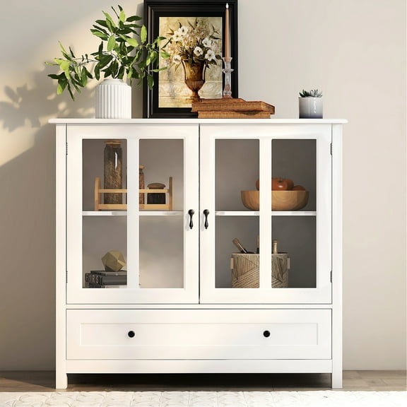 White Buffet Storage Cabinet With Customizable Interior - Sideboard For Living Room Or Kitchen - Feature And Bell Handle