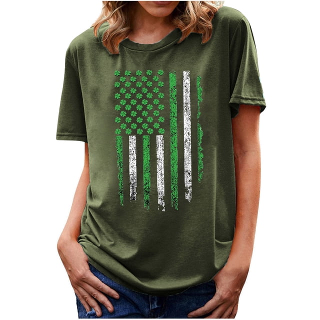 Bowake T-Shirt d'Été à Manches Courtes Col Rond pour Femmes, Décontracté Basique Imprimé Trèfle Shamrock