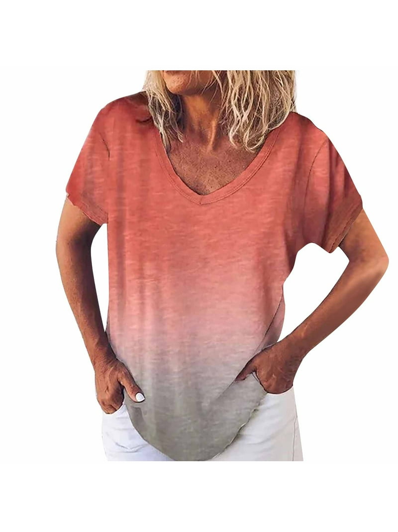 Plus Size Tops for Women Workout&nbsp;Tops&nbsp;For Women,Ladies Fashion Fading Color T Shirts Short Sleeve Tees Shirts V Neck Loose Cotton Tops Para Mujer Casuales Y Elegantes Walmart.com