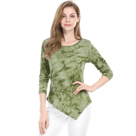 - Women's Long Sleeves Round Neck Printed Handkerchief Hem Tunic Top Dark Gray (Size XS / 2)