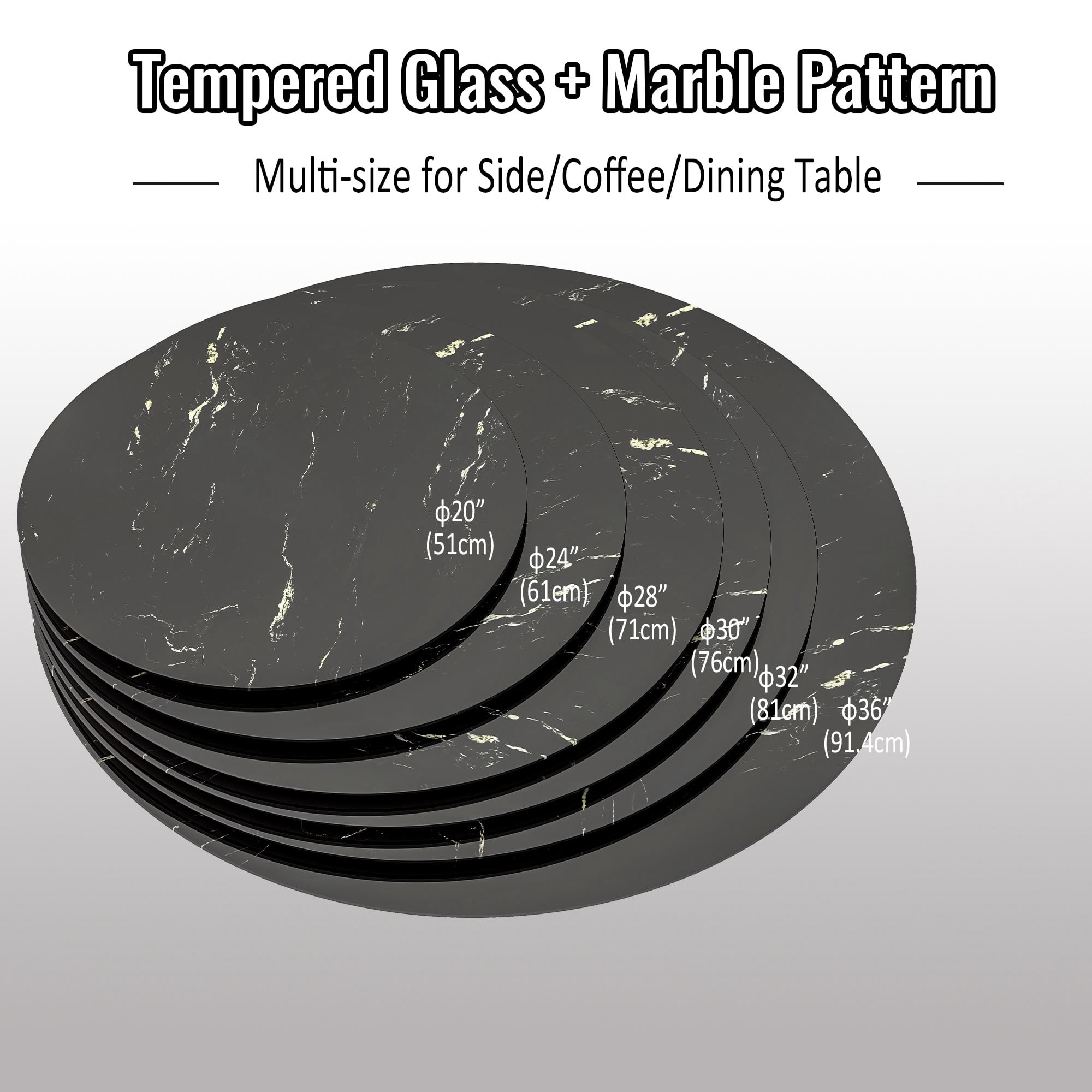 MAYEERTY 32in Round Tempered Glass Table Top, 0.31in Thick Black Gold Vein Marble Print DIY Replacement Table Cover, Heat Scratch Proof Desktop for Small Side Coffee Patio Bistro Table