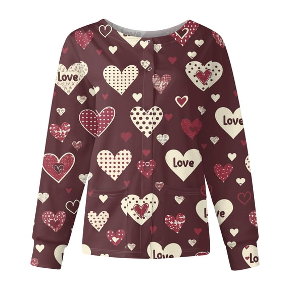 Valentine Day Scrub Tops for Woman Single Breasted Short Sleeve Plus Size Scrubs V Neck Love Heart Print Medical Nursing Uniforms with Pockets Vermilion 2XL