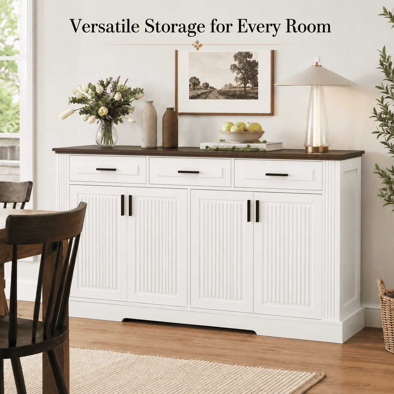 Aukfa 63" Fluted Sideboard Buffet Cabinet with 4 Doors, 3 Drawers, Adjustable Shelves, Kitchen Storage Cabinet,White