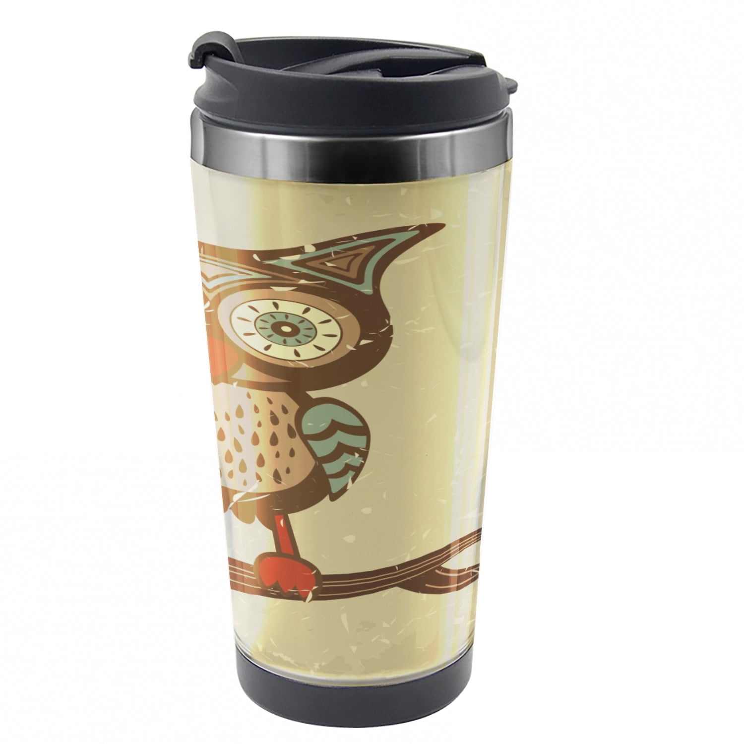 Owl Travel Mug, Owl Sitting on Branch, Steel Thermal Cup, 16 oz, by