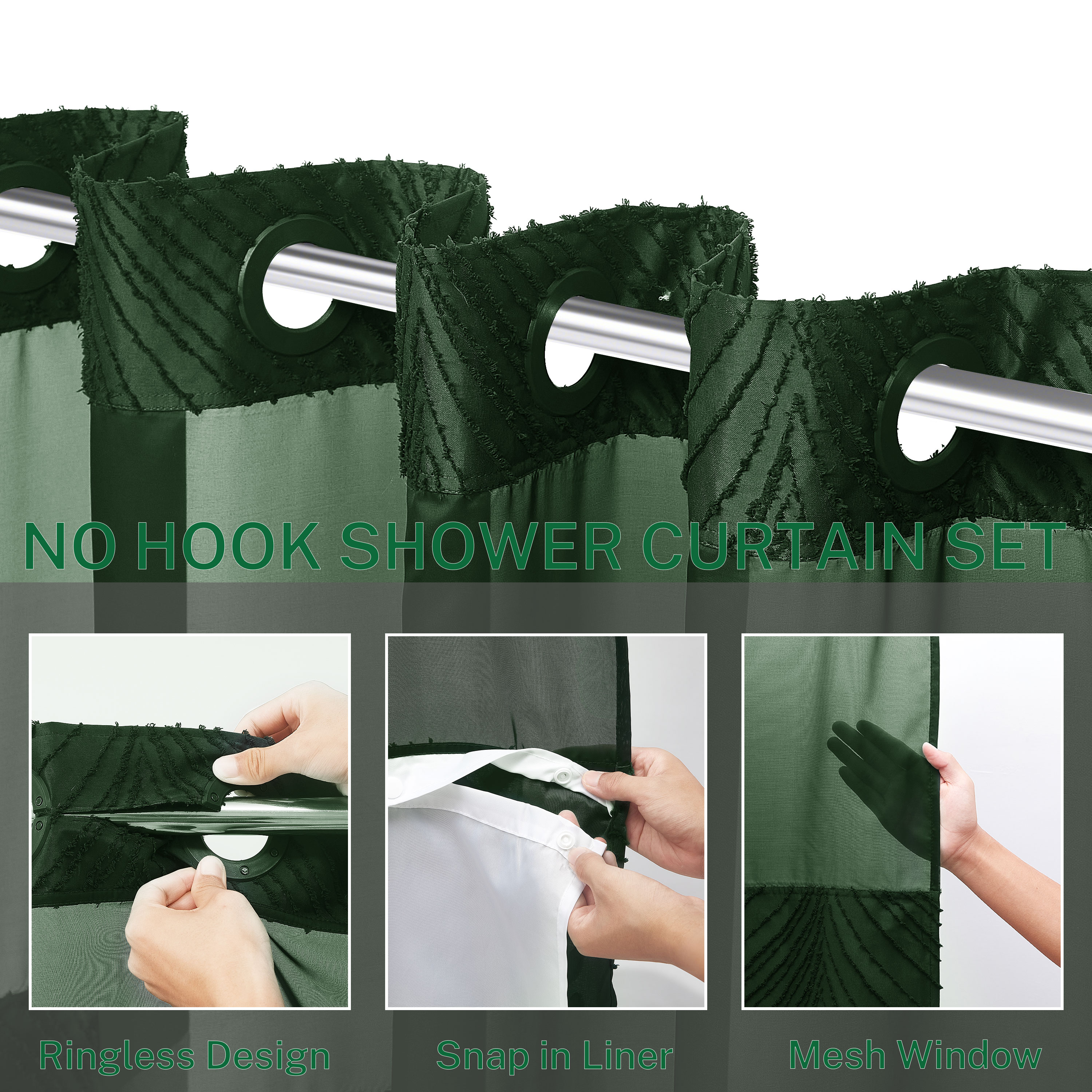 Siiluminisoy Dark Green Hookless Shower Curtain with Snap in Liner, Boho Tufted Geometric Striped Design Fabric No Hook Waterproof Mesh Window Bathroom Curtain, 71"X 86"