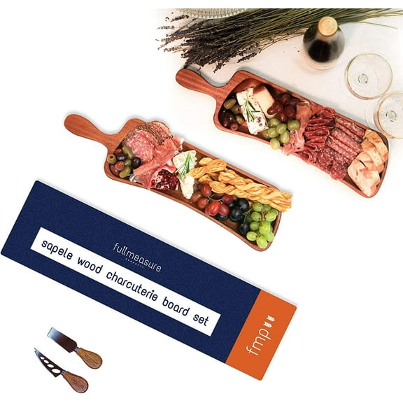 Sapele Hardwood Cheese Board & Charcuterie Board with Handles and 2 Wooden Tongs (Also Includes 2 Knives as a Gift) - Can be used as Meat Tray, Cheese Tray, Serving Board or Long Serving Platter.