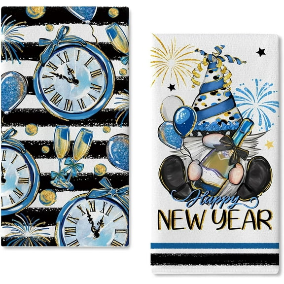 Happy New Year 2025 Gnome Kitchen Dish Towels Set of 2, Blue Gold Clock Champagne Balloon Hand Towels Drying Baking Cooking Cloth, Stripes Christmas Winter Home Kitchen Decor 18 x 26 Inch