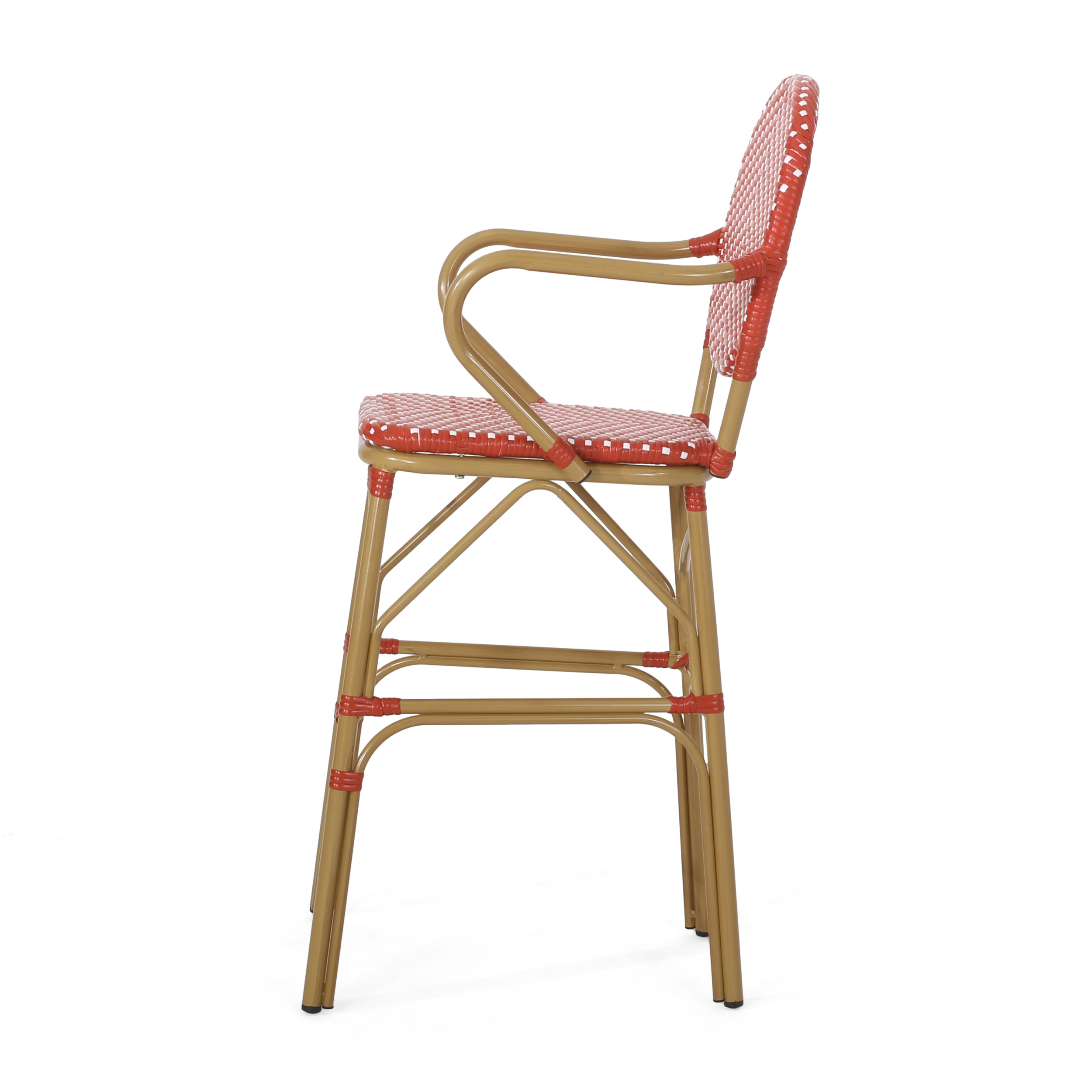 (2 pack) Wicker and Aluminum Outdoor 29.5 Inch French Barstools (Set of 2), Red, White, and Bamboo Print Finish