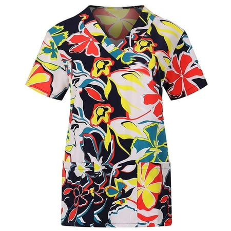 

FengLS Women Short Sleeve V-neck Tops With Pockets Working Uniform Workwear Top 10-Ladies Fall Tops-19A#29569 Womens Clothes MYFWomen Short Sleeve