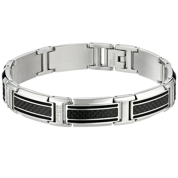 Metro Jewelry 0.25 Carat Diamond Link Bracelet for Men in Stainless Steel and Carbon Fiber - 8.5 Inches Long with Fold Over Clasp