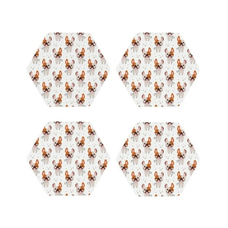 

Drink Coasters Set of 4 Cute French Bulldog White Leather Coasters for Coffee Table Protector Heat Resistant Cute Coasters for Home Decor Housewarming Gifts Bar Kitchen 4 Inch Hexagon