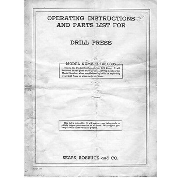 Instruction Manual ONLY for c.1941 Craftsman 103.0305 13Ãƒâ€šÃ‚Â¼" Drill Press Instructions REPRINT