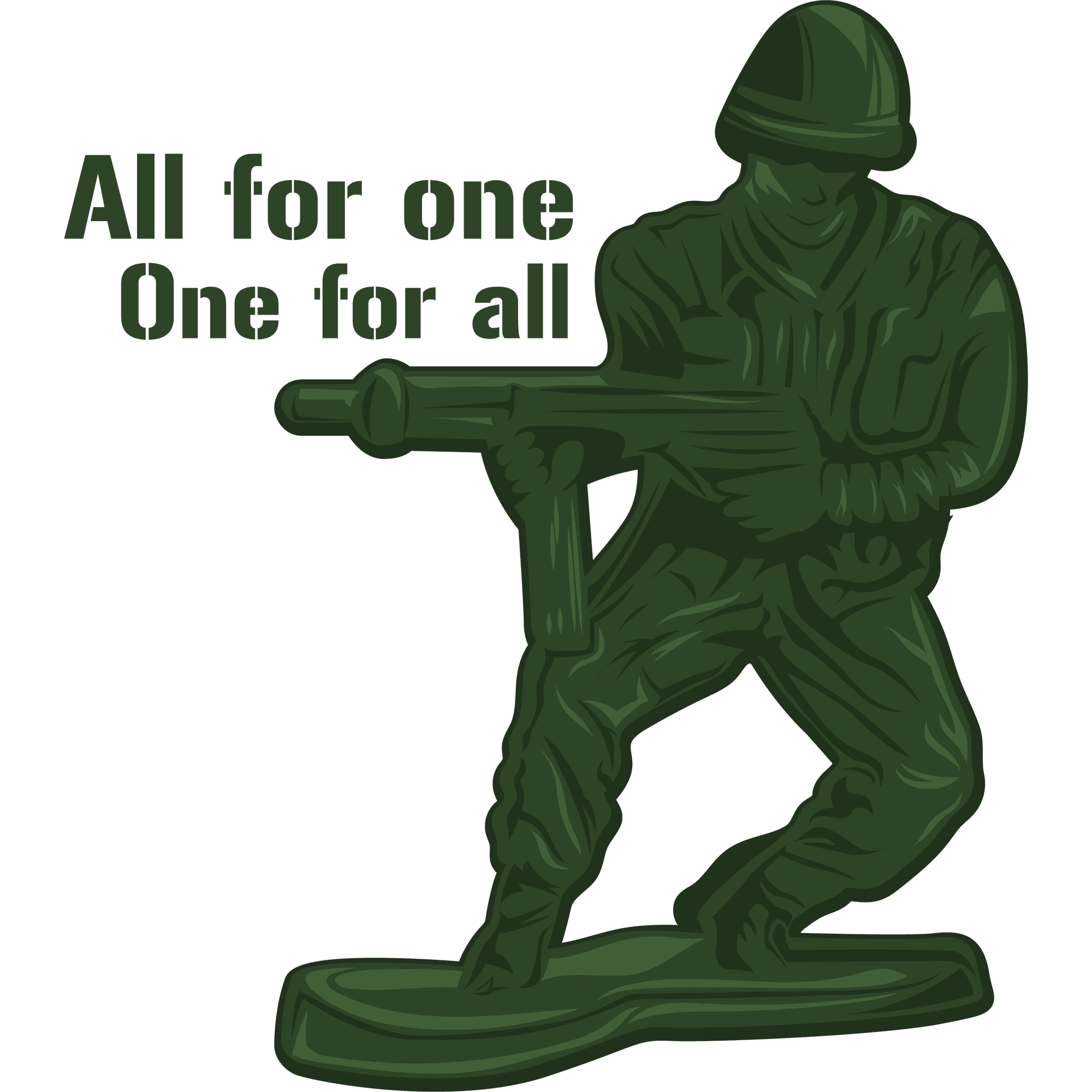 All for One One For All Famous Quote with Green Toy Soldier with Gun Creative Design Vinyl Wall Decal - Foot Army Play Things for Kid's Bedroom and Playroom Wall Decoration 20" x 23"