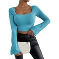 thumbnail image 2 of BEAFNKSG Women Flare Long Sleeve Crop Tops Low Cut Slim Ribbed Cropped Tee Basic Blouse Streetwear, 2 of 6