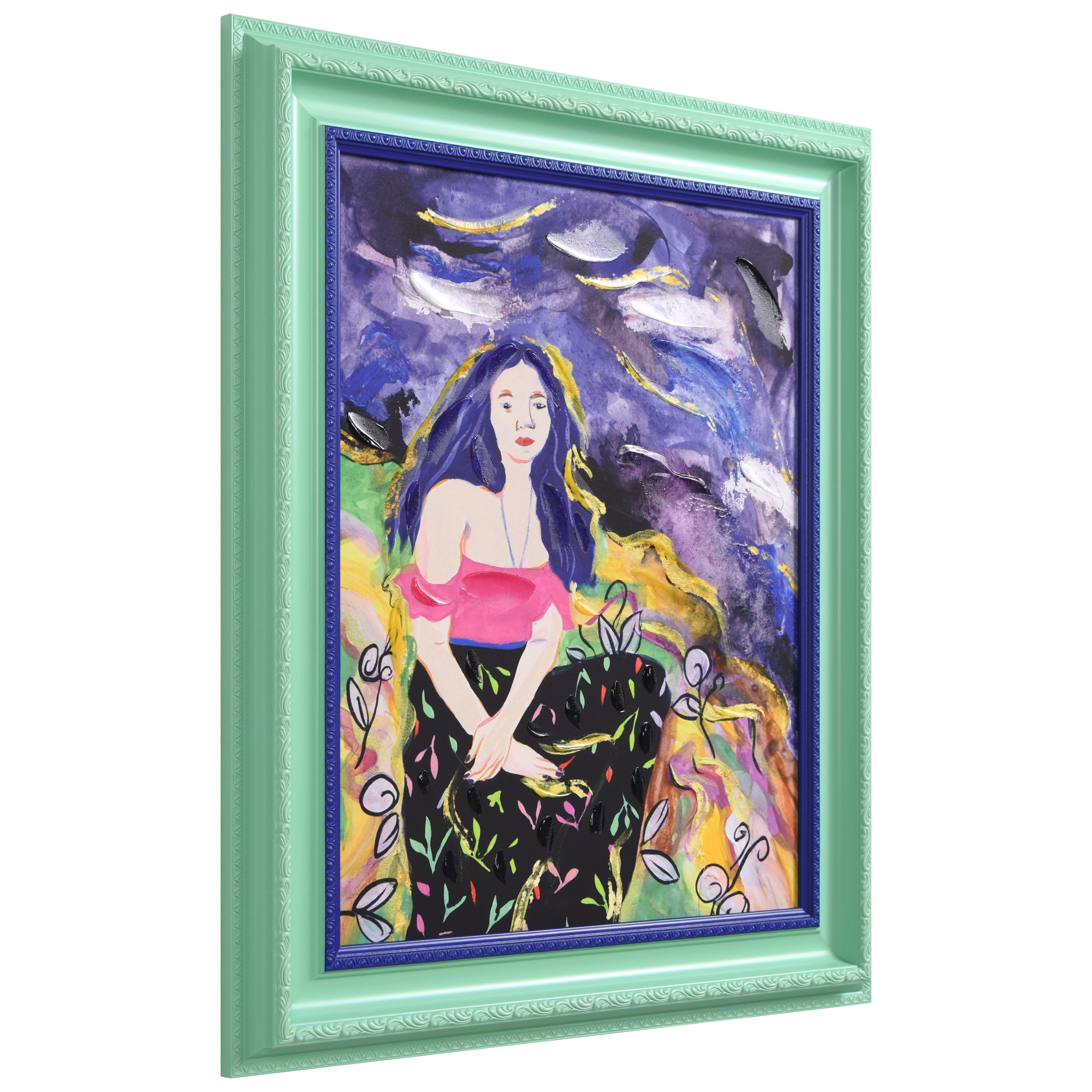 "Night Galaxy" Chromatic Hand Painted Embellished Giclee Portrait Canvas Wall Art with Baroque Two-Color Frame