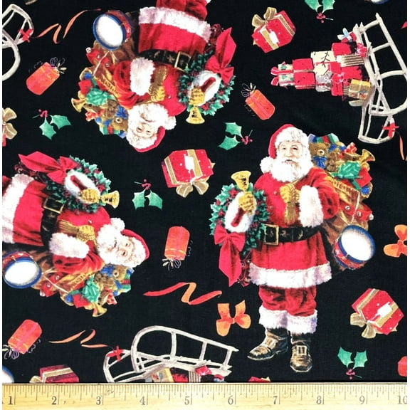 1/2 Yard - Classic Santa Claus & Christmas Presents on Black Cotton Fabric (Great for Quilting, Sewing, Craft Projects, Throw Pillows & More) 1/2 Yard X 44" Wide