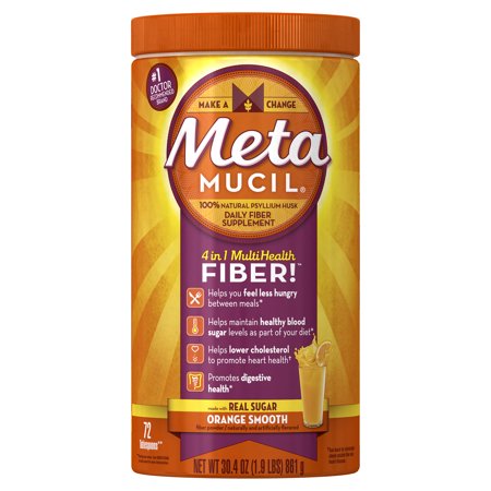 - Metamucil Multi-Health Psyllium Fiber Supplement Powder with Real Sugar, Orange Flavored, 72 Servings