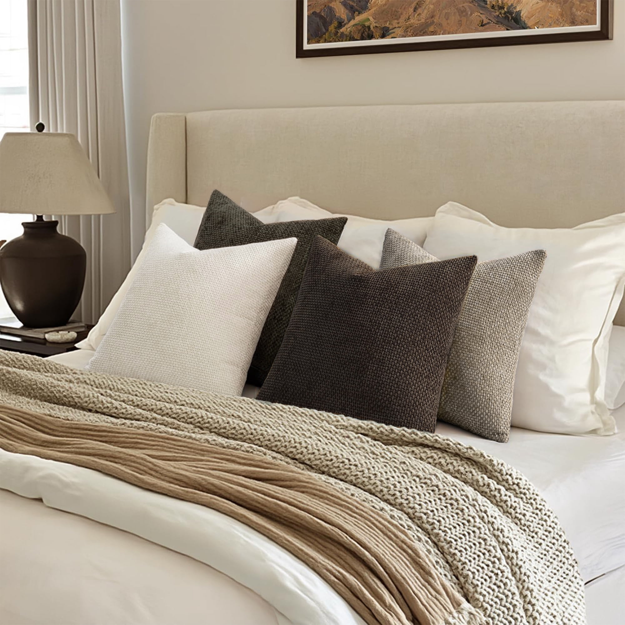 SUSIELADY Set of 4 Decorative Throw Pillow Covers 20x20 Inch, Soft Chenille Cushion Covers for Couch Sofa Bed, Boho Farmhouse Style for Living Room & Bedroom Decor, Brown