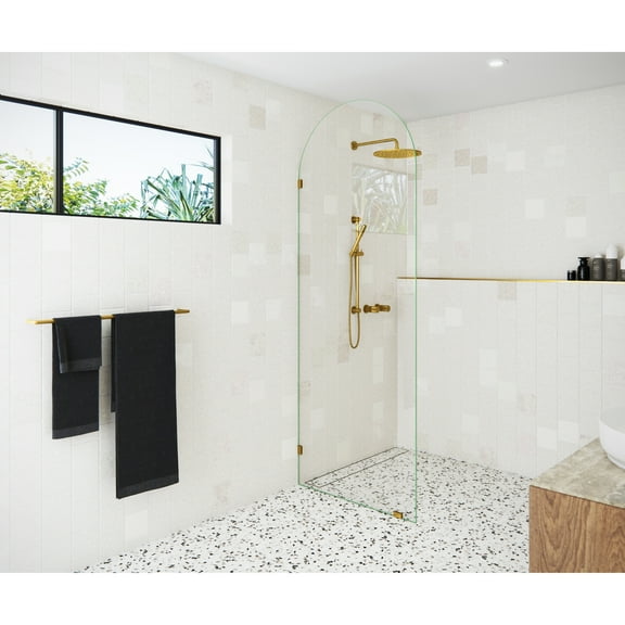 Glass Warehouse 32" x 86.75" Frameless Shower Door - Arched Single Fixed Panel Satin Brass Satin