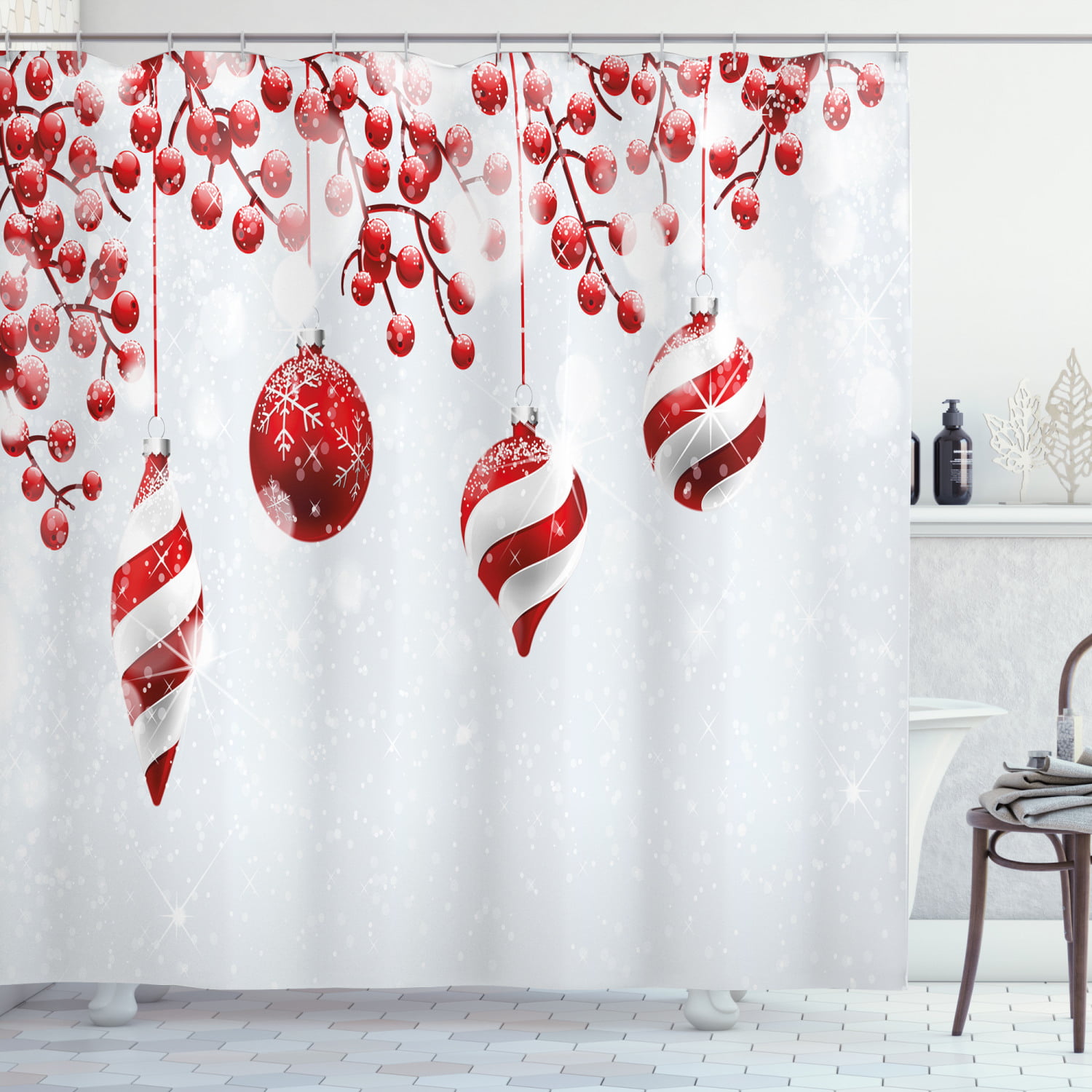 Christmas Shower Curtain, Traditional Design Icons Holly Berry Branches ...