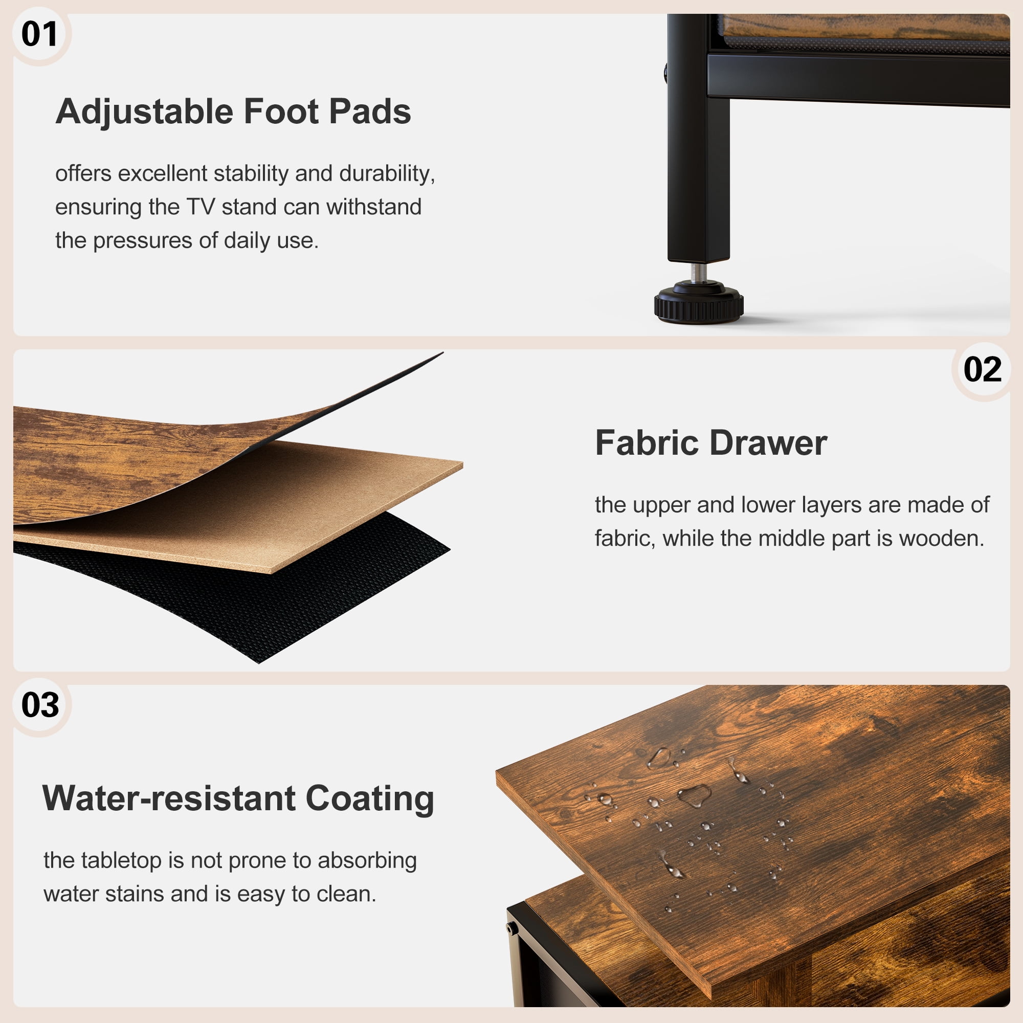 GUNAITO TV Stand with Adjustable Mount for TV up to 75", Big TV Stand for Living Room with 7 Fabric Drawers , Rustic Brown