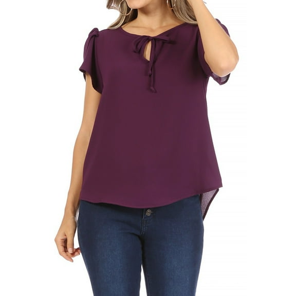 Women's Casual Solid Petal Sleeve Ribbon Tie Round Neck Key Hole Blouse Top