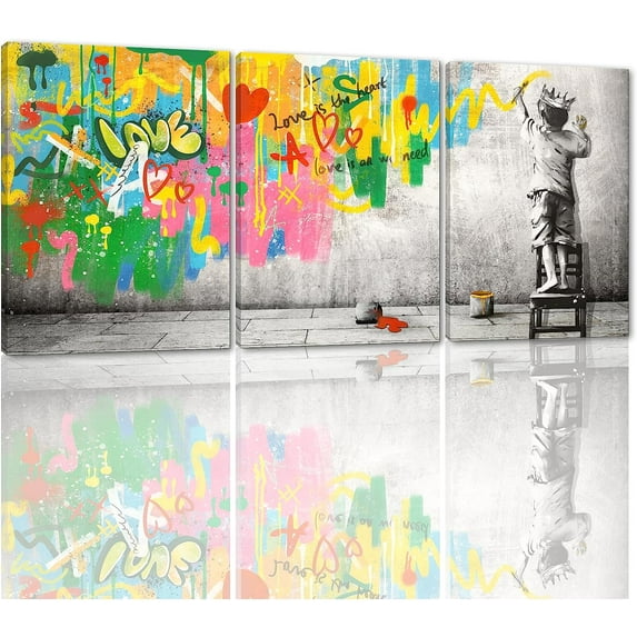 Banksy Canvas Wall Art Abstract Street Wall Decor 3 Pieces Black White Boy Artworks Love is the Heart Quotes Pictures Graffiti Colorful Painting on the Wall for Home Decorations -12"x16"in