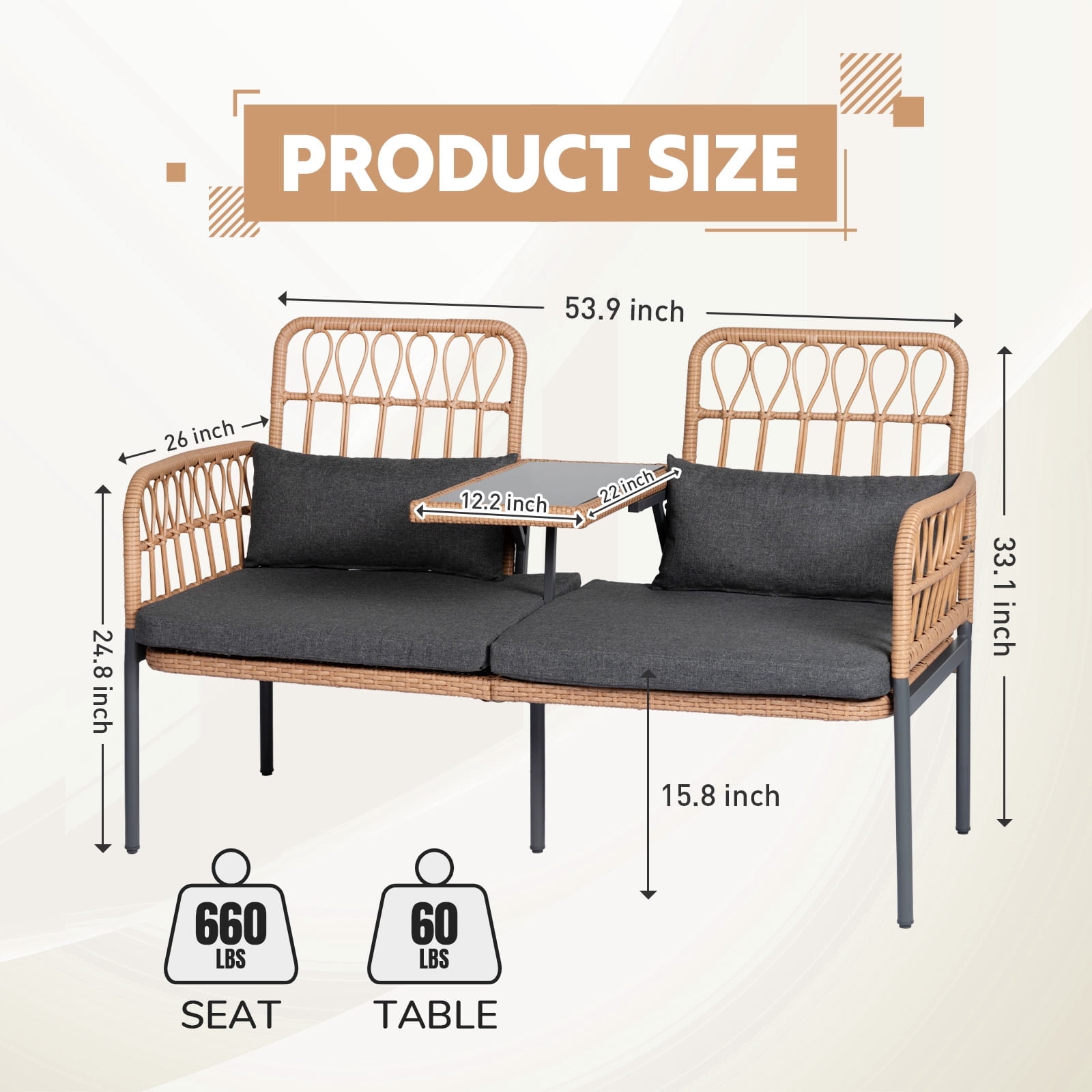Tappio Outdoor Rattan Loveseat, Patio Rattan Conversation Set Seat Sofa Cushioned Loveseat Table Chairs with Built-in Coffee Table, Gray