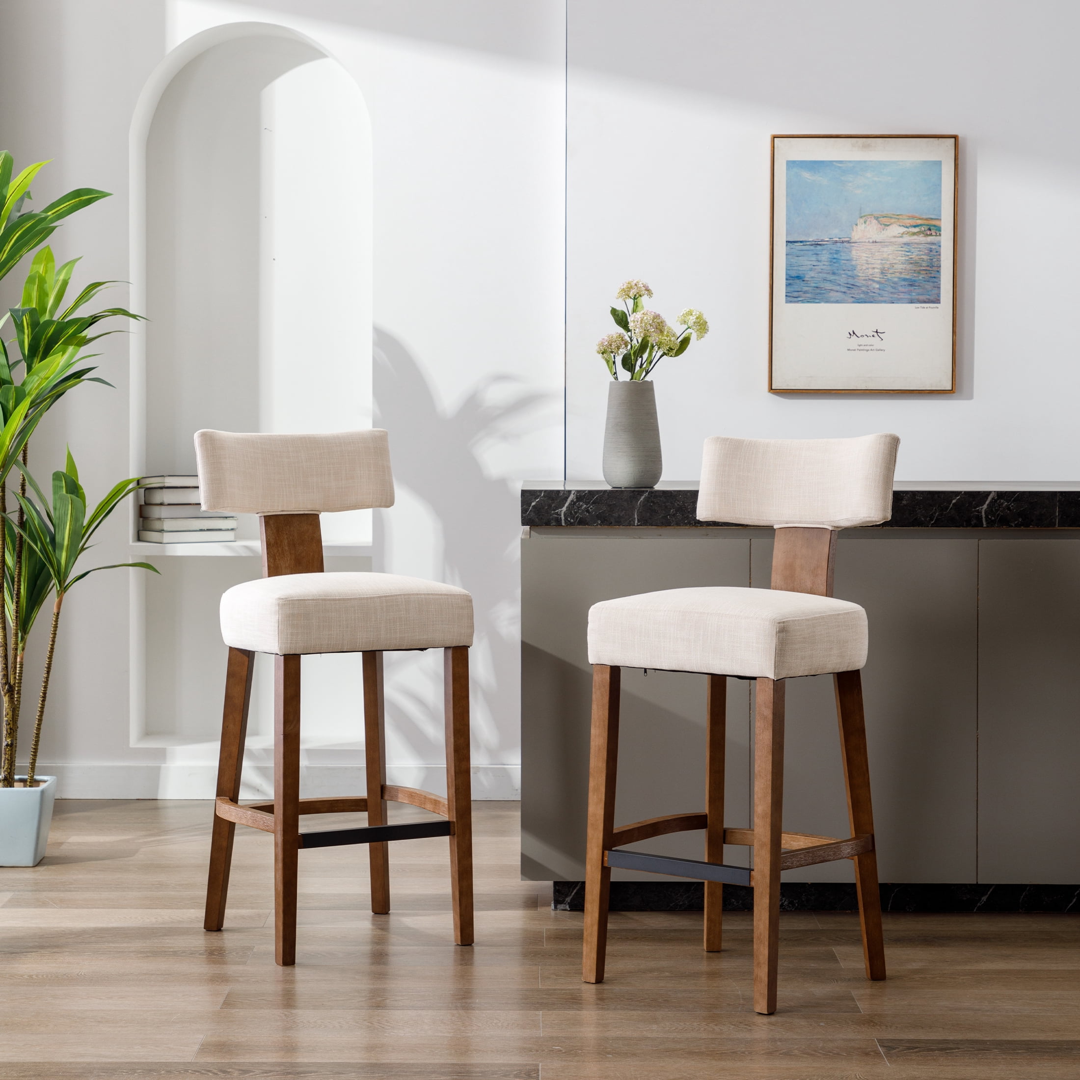 Guyou 30" Bar Stool Set of 4, Modern Linen Upholstered Counter Height Barstools with Hardwood Frame, Wooden Farmhouse Kitchen Island Chairs for Bar Restaurant, Beige