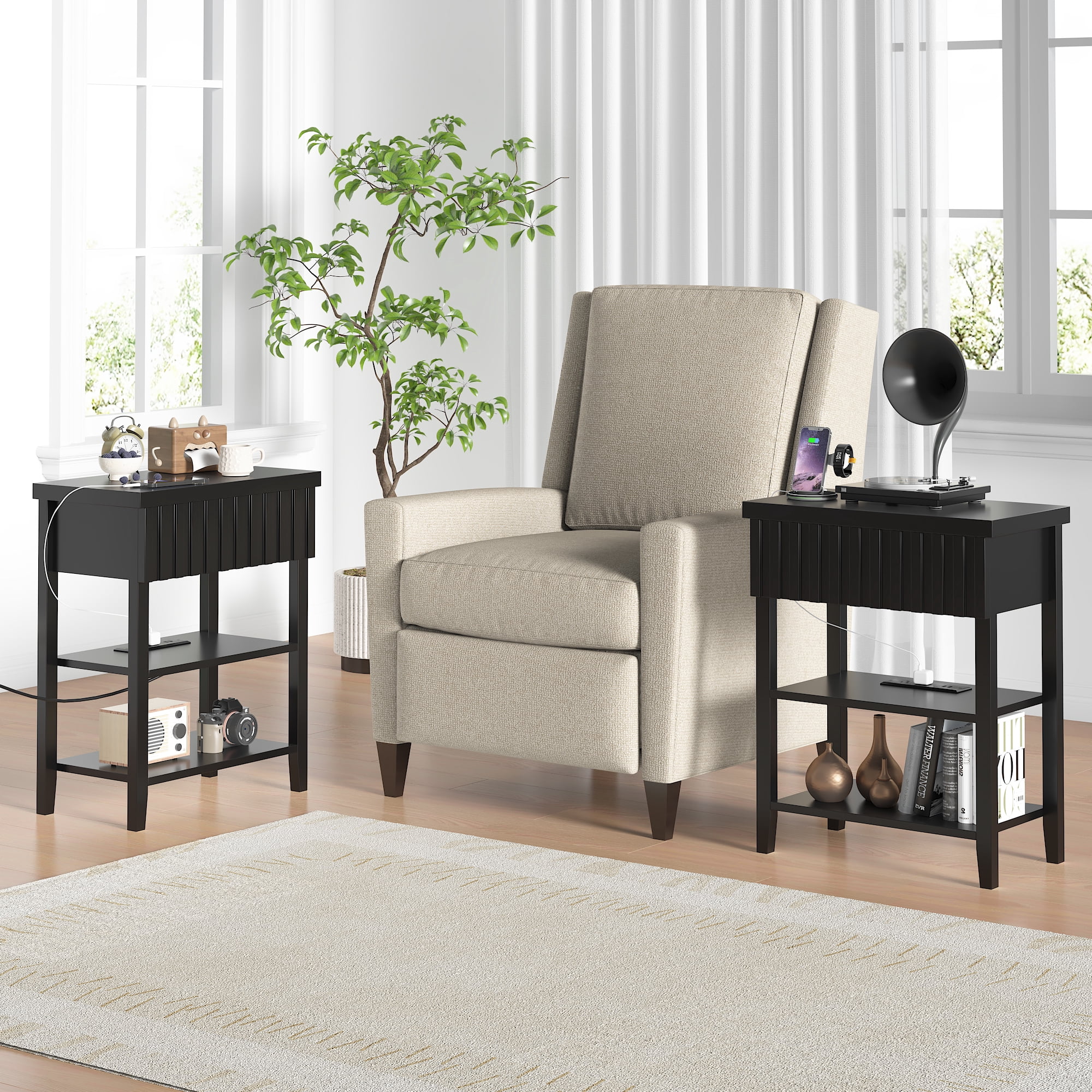 Fluted Nightstand with Charging Station,Farmhouse Night Stand with Drawer & 2 Open Storage Shelves,Modern Side Table for Bedroom Small Space Living Room Entryway,Black