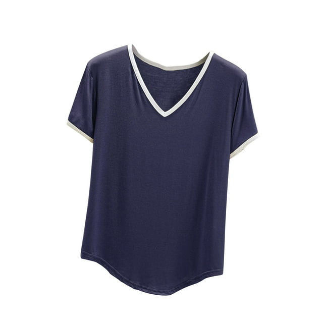 Birdeem T-Shirt Femme Col en V Couleur Unie Manches Courtes Ample