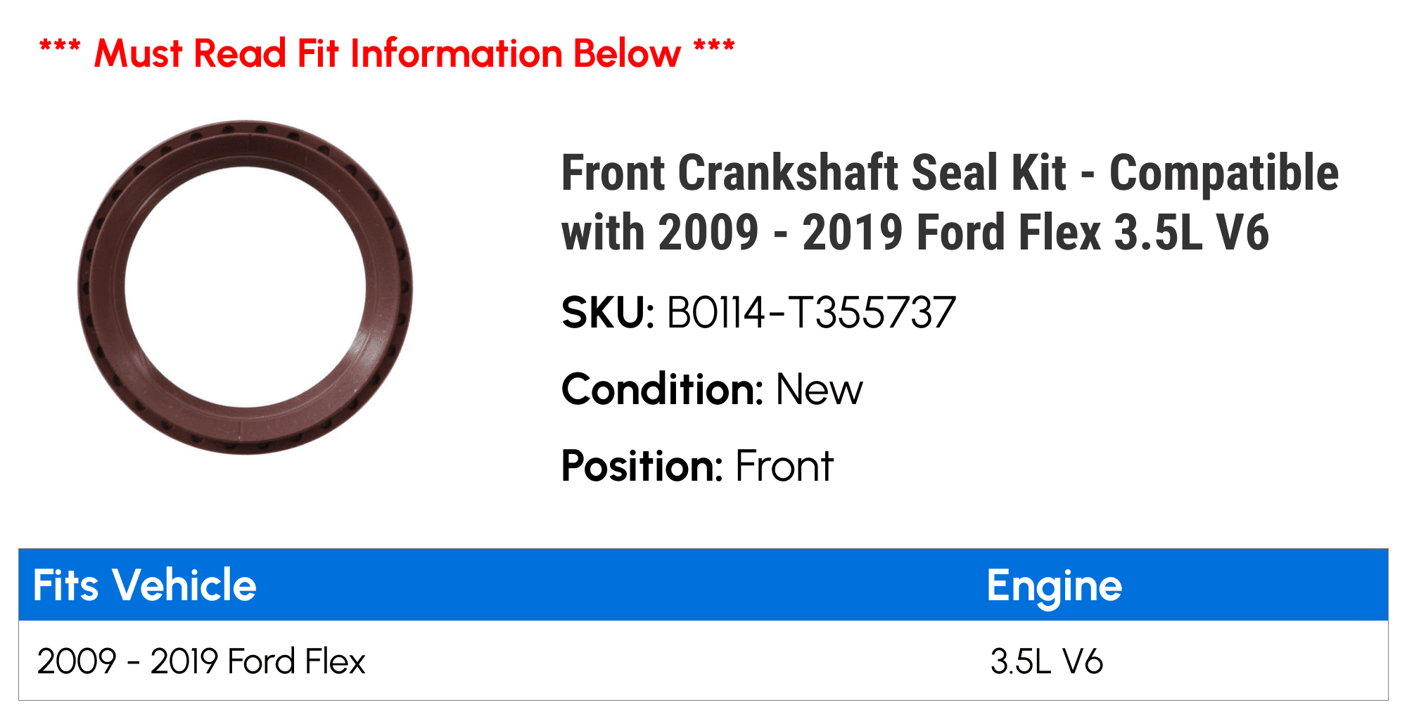 Front Engine Crankshaft Seal For Ford Escape, Fusion, Fiesta, Transit Connect (2011-2018) - Replaces 4M5G-6K292-CB