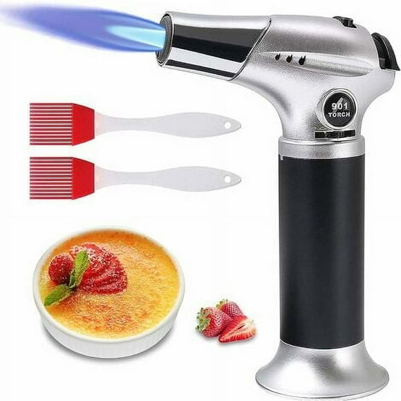 Kitchen Blowtorch, Rechargeable Torch with Safety Lock, Adjustable Flame with 2 Silicone Brushes for Cooking, Barbecue, Pastries, Soldering, Camping (Butane Not Included)