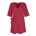 thumbnail image 4 of Jzuxvd Cotton Linen Dresses for Women 2024 3/4 Sleeve Casual Midi Dress Flowy Gauze Shift Dress Vacation Beach Dress Spring Summer Red M, 4 of 5
