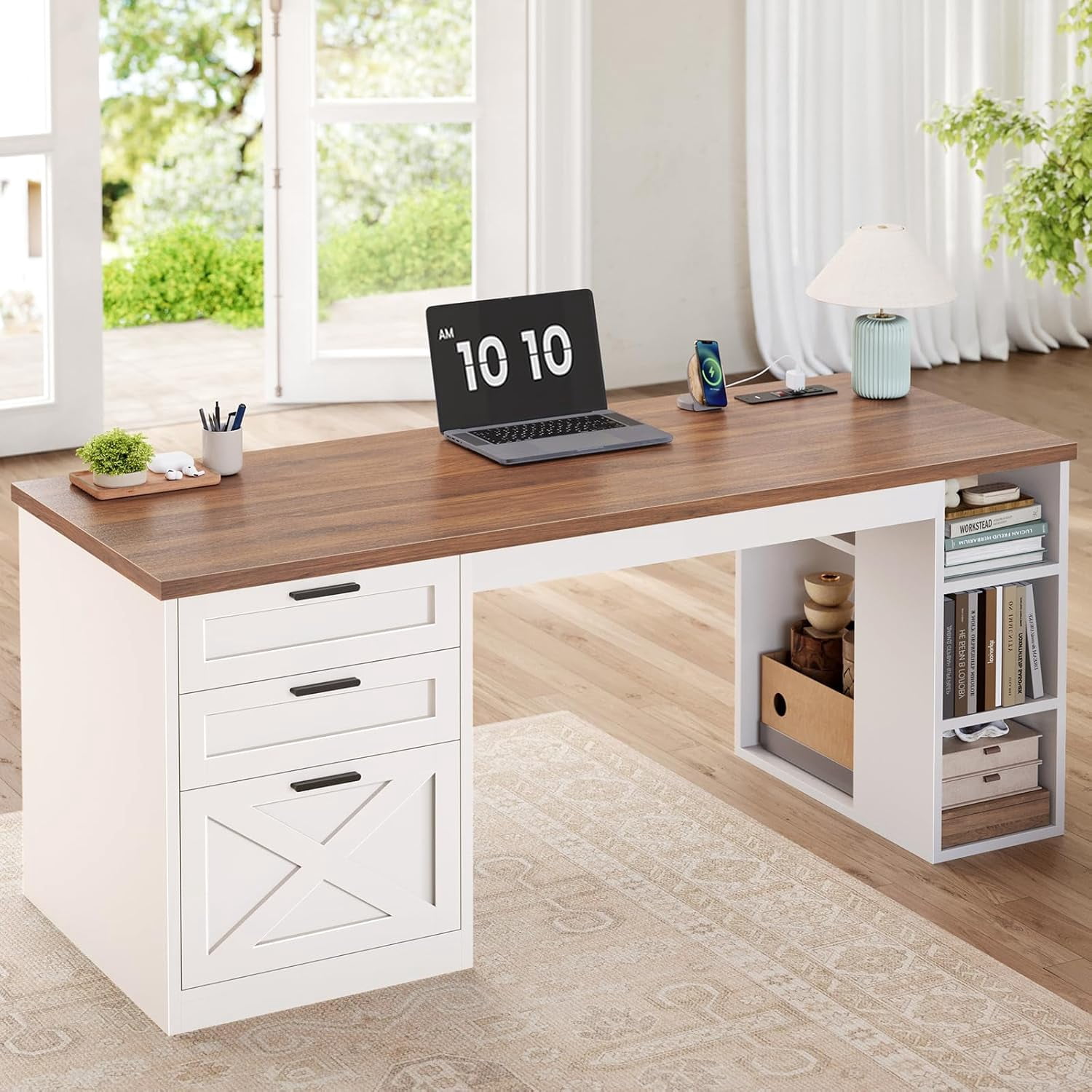 55.1" Farmhouse Desk with 3 Drawers & Open Shelves, Home Office Desk with Power Outlets & File Drawer, Wood Desk with Ample Storage, Computer Desk for Bedroom, White & Brown Top
