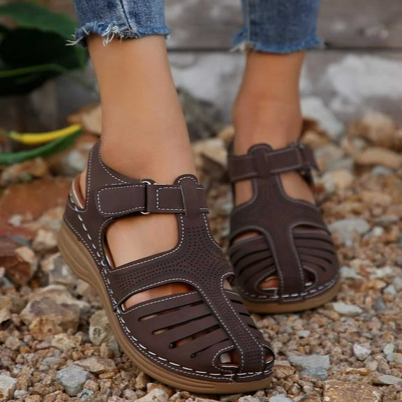 CQONEPT Women's Wedge Sandals Summer: Closed Toe Sandals for Women Platform Dressy Wedge Size 8.5 Coffee