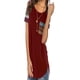 thumbnail image 1 of Cuello redondo Patchwork estampado manga corta Top pulóver rayas bolsillo T Eccomum Rojo M, 1 of 4
