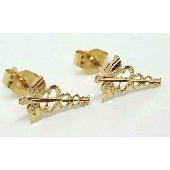 14k Solid Yellow Gold Caduceus Symbol of Medicine Stud Earrings Push Back 11MM