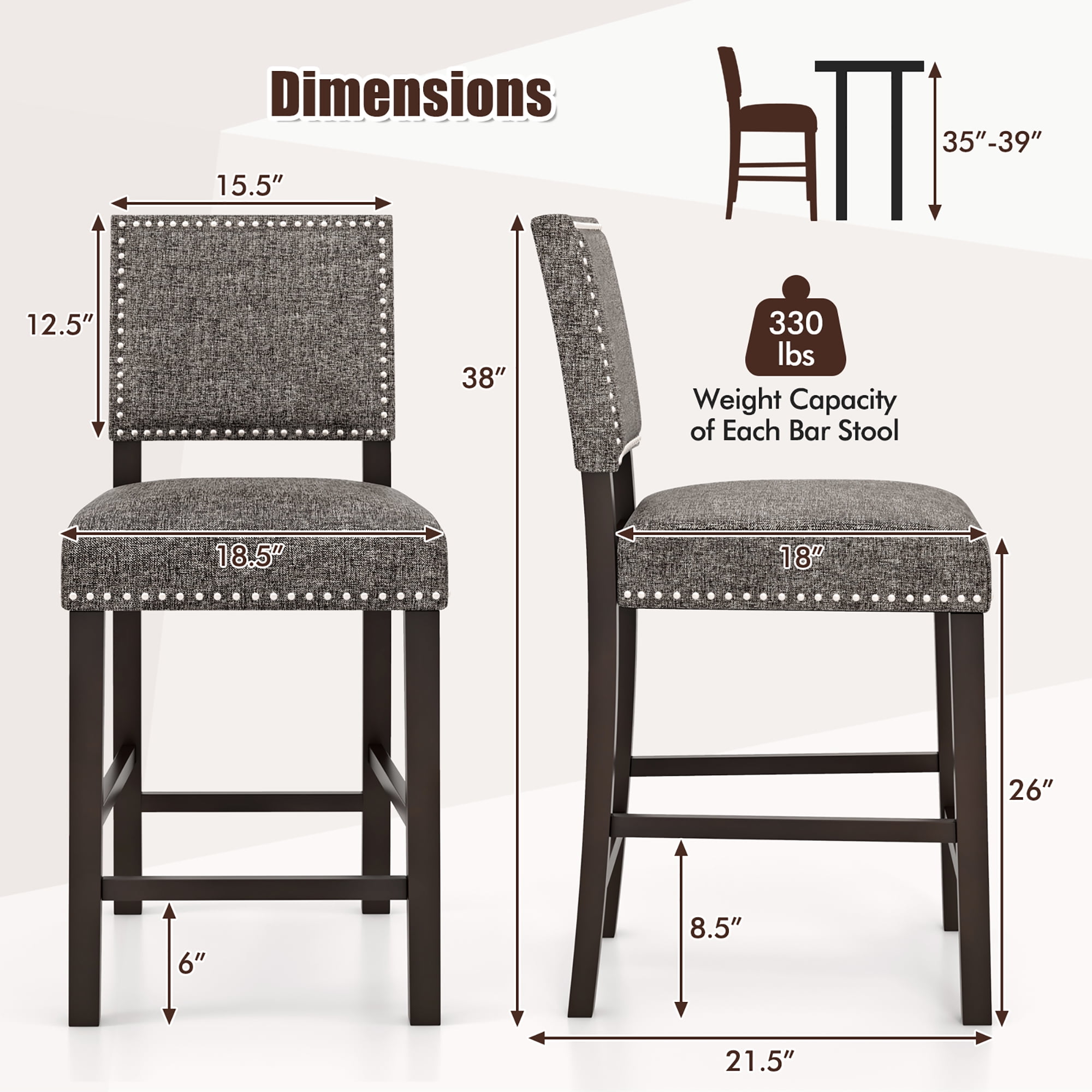 Gymax 4PCS Upholstered Bar Stools 26 Inch Counter Height Chairs w/ Sponge Cushions