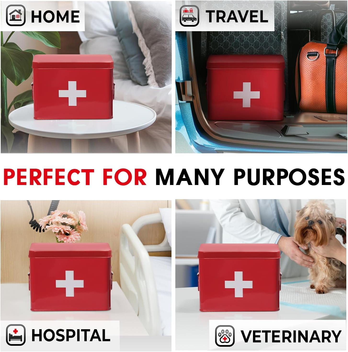 Plexon 8.5" Metal First Aid Box Empty, Medicine Storage Bin with Lid, Emergency Supplies Organizer, Portable First Aid Kit Case, Red